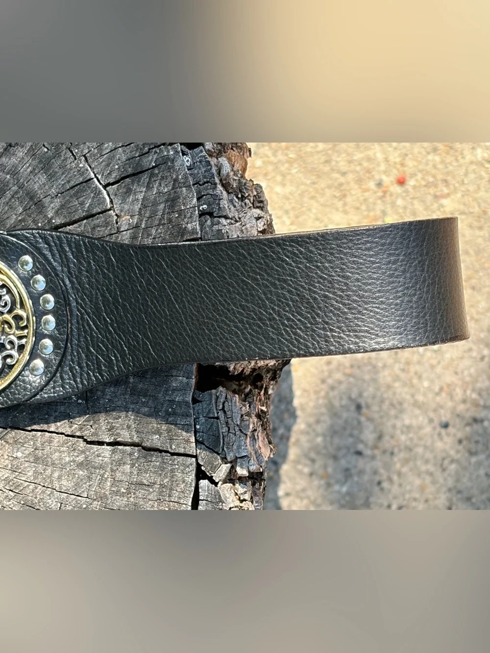 Chico's Black Elastic Leather-Accent Belt with Mixed Metal Medallions